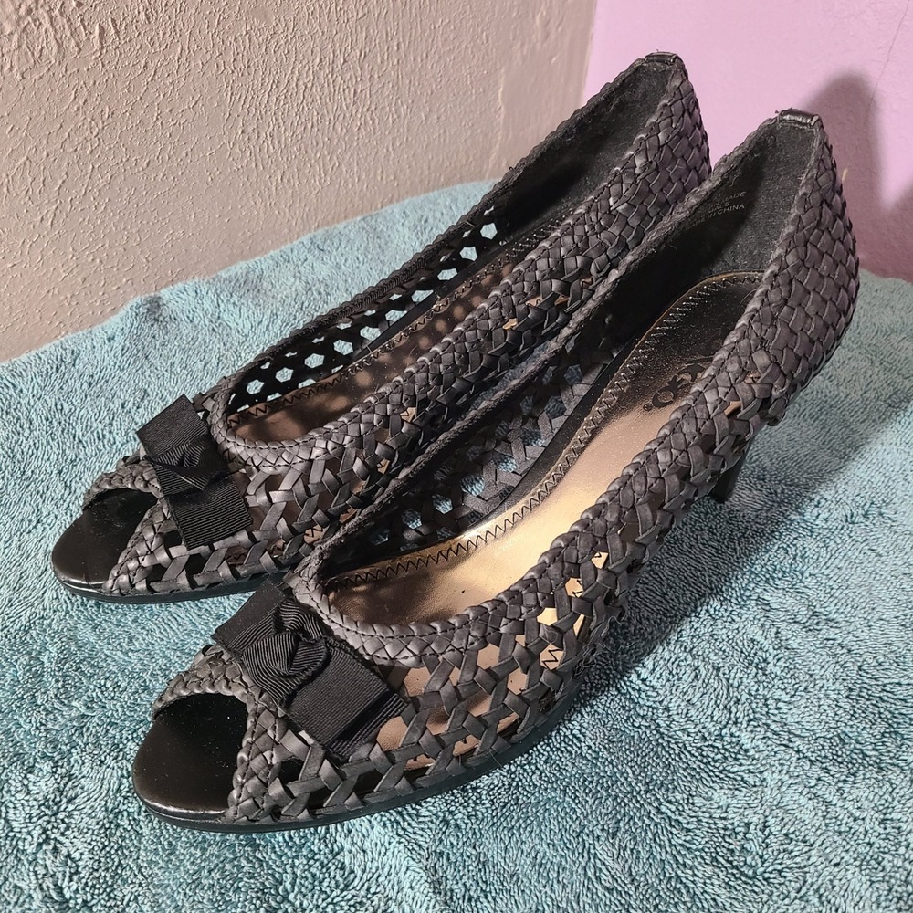Bongo Breezy Black Woven Peep Toe Heels Bow Accent‎ Women Size 10